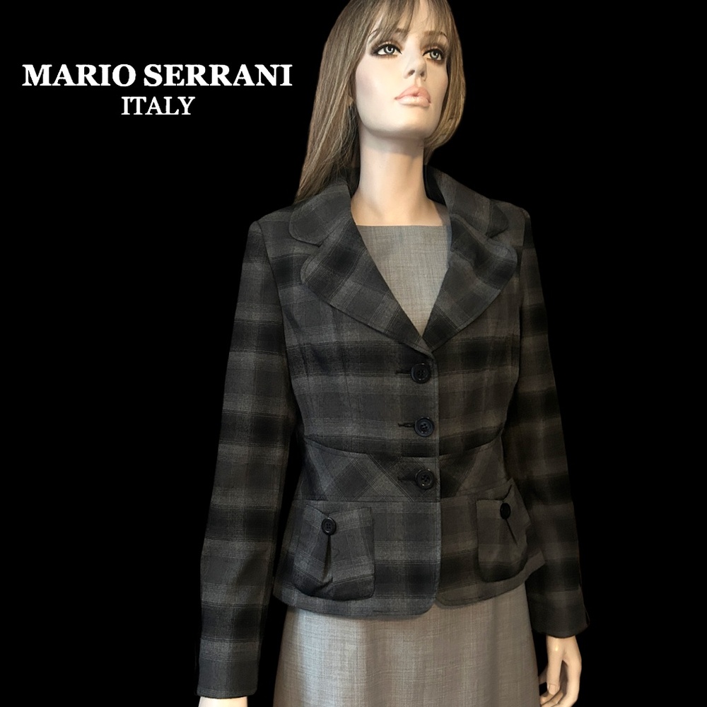 Mario Serrani Italy Plaid Tartan Blazer Jacket Rayon Blend Grey Black Check - Picture 15 of 16